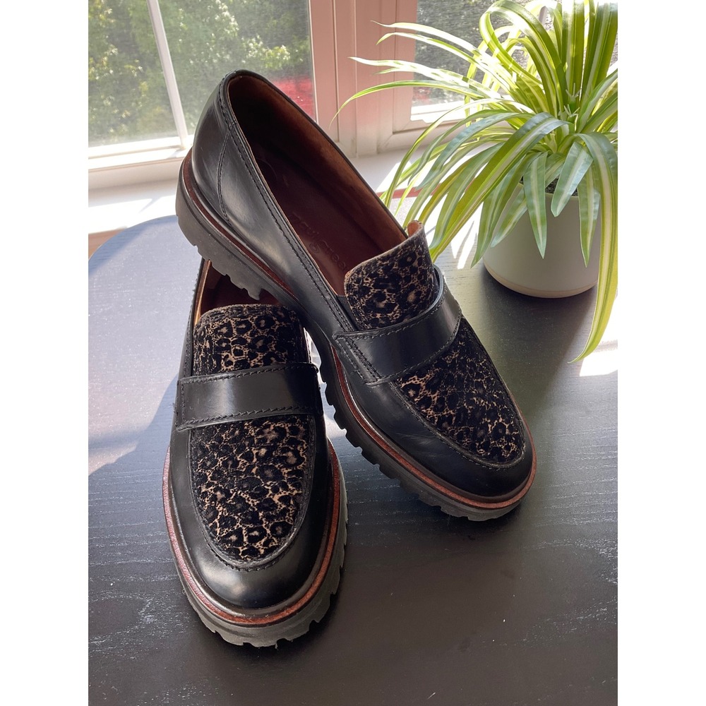 Paul Green Super Soft Black Leather Leopard Print Lug Sole Penny Loafers